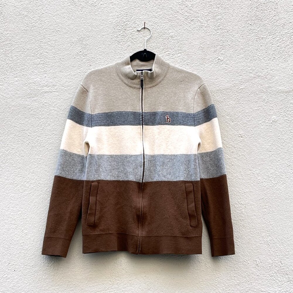 Men's Hazzys Striped Zip Up Knit Wool Cardigan Sweater Jacket Medium